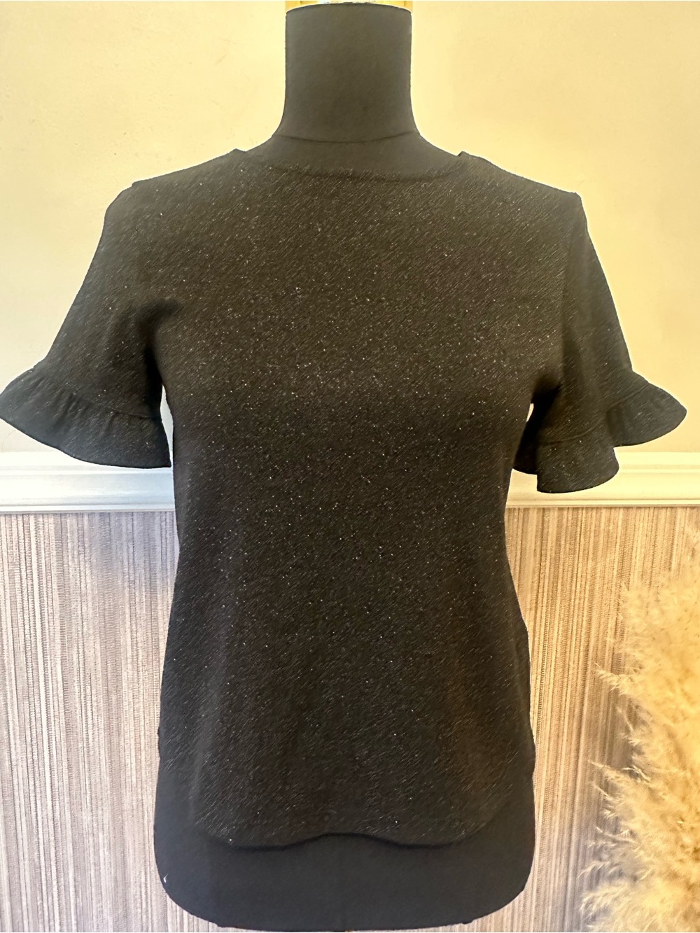 NA-KD Black Glitter Knit Flutter Sleeve Top XS Sparkle Party Blouse